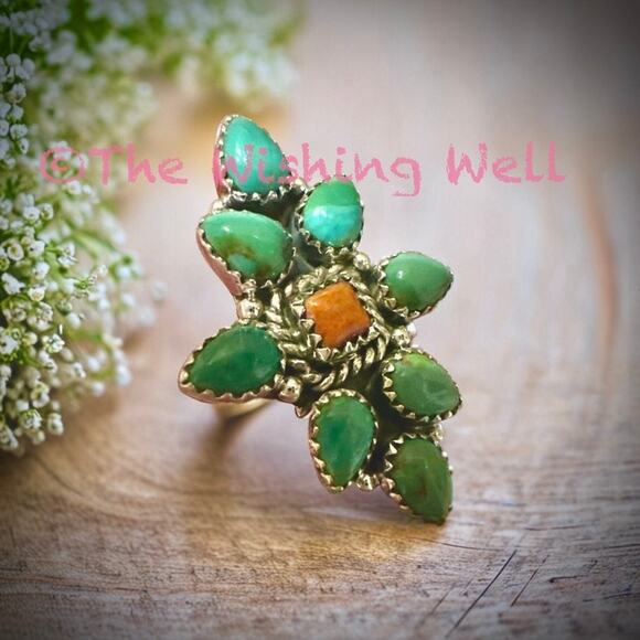Green Kingman Turquoise &. Coral Cluster Ring Sterling Silver Adjustable 5-10 - Picture 2 of 5